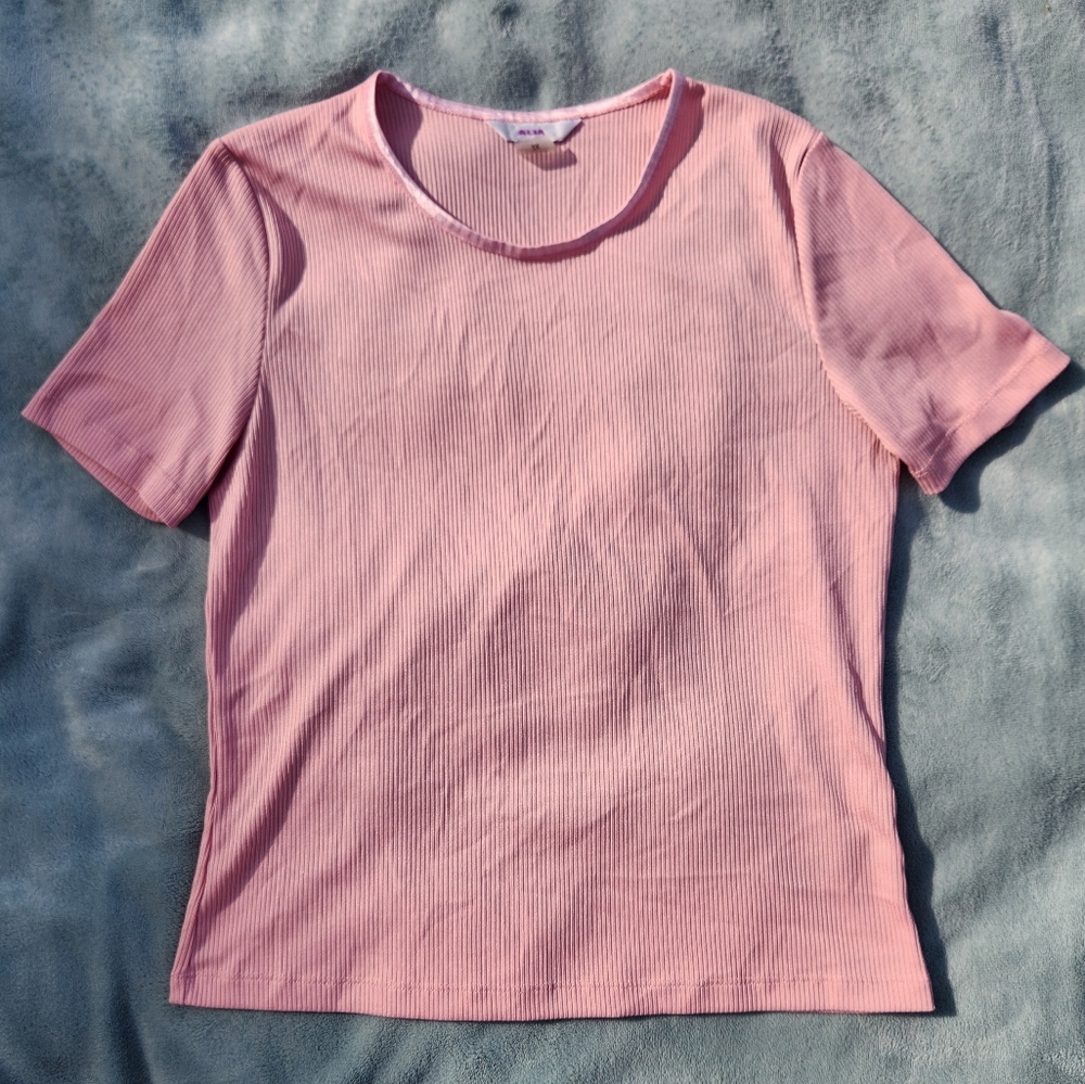 Alia Light Pink Ribbed Short Sleeve Top